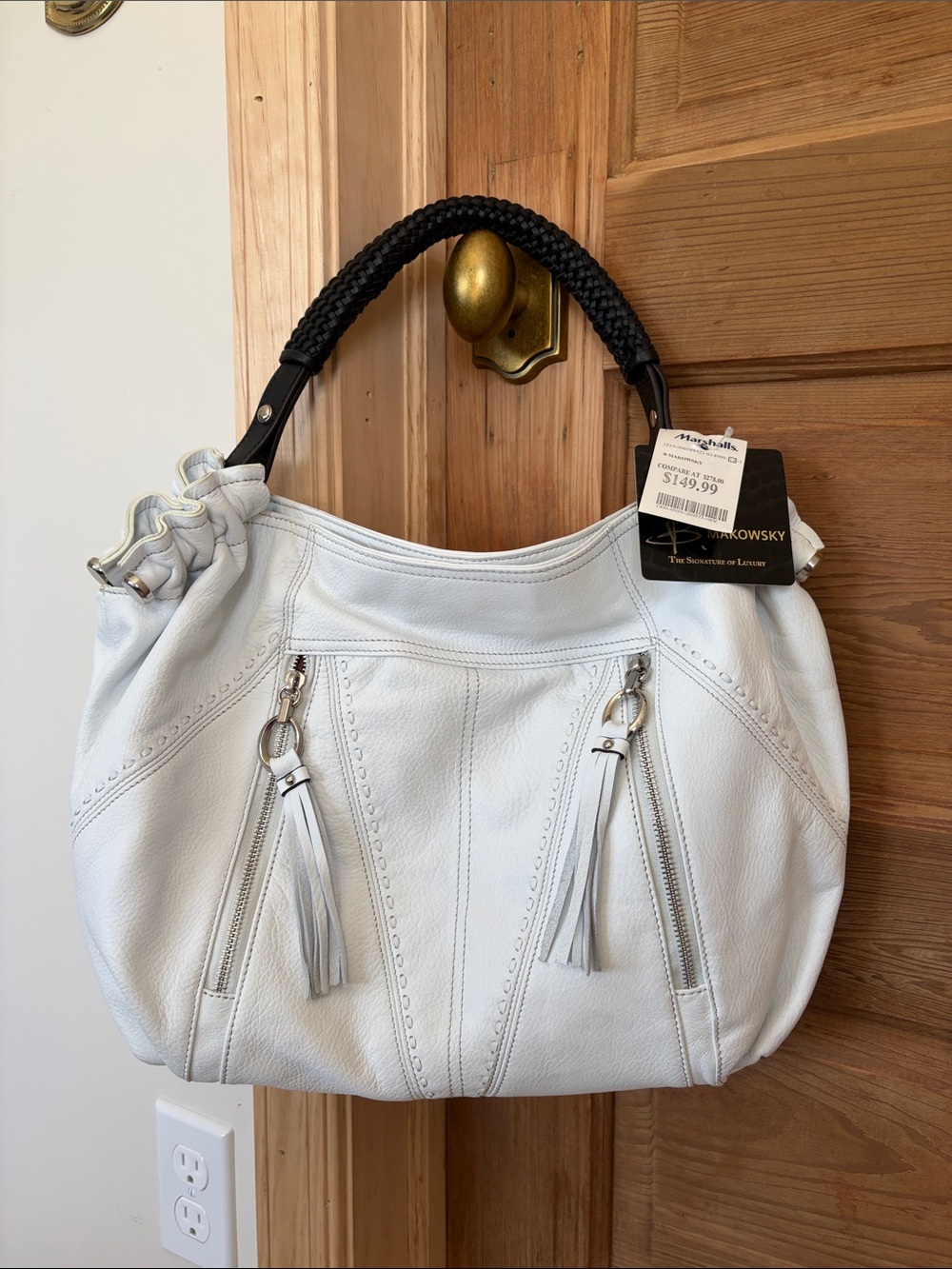 b. makowsky " White" (baby blue) Leather Shoulder Bag with Black Braided Handle